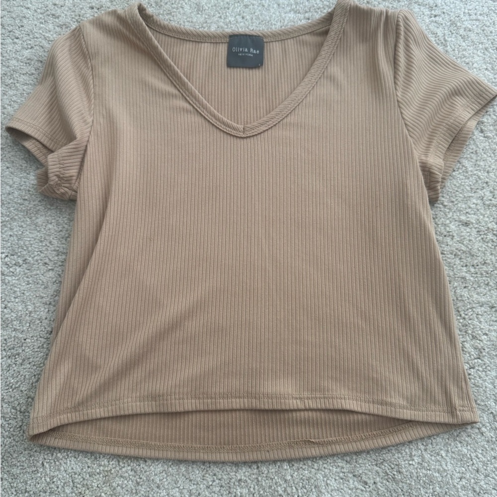 Olivia Rae Beige Ribbed Short Sleeve Top
